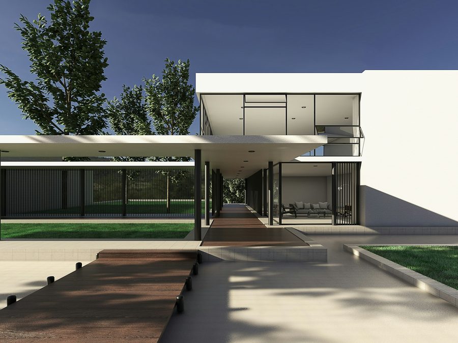 Flacher Neubau mit Vorplatz und Glasfassade
