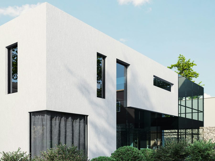 Weisses Wohnhaus mit kubischer Architektur